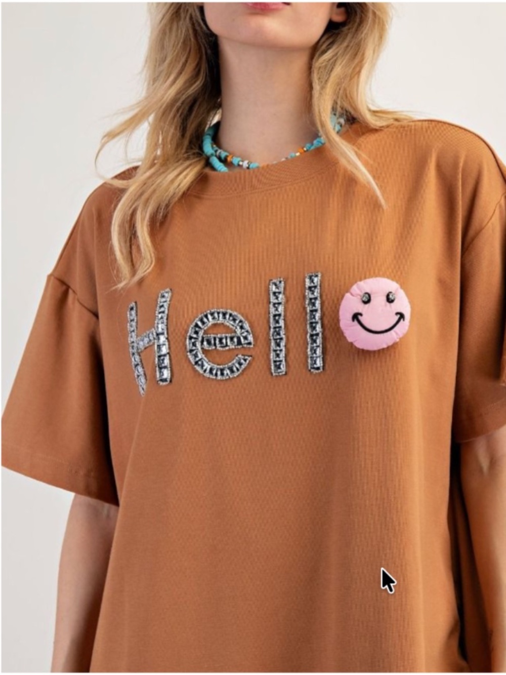 Easel Camel Cotton Loose Fit Rhinestone Hello Short Sleeve Shirt Dress - Picture 4 of 5